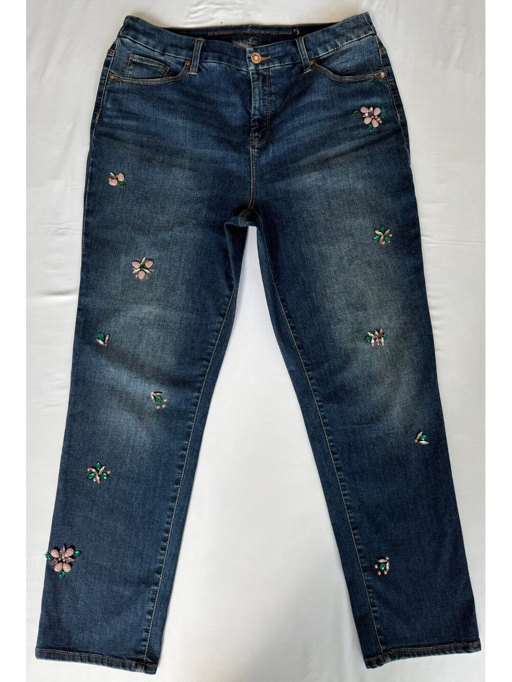 Chico’s So Slimming Girlfriend Slim Leg Ankle Jeans Floral Embellished Denim